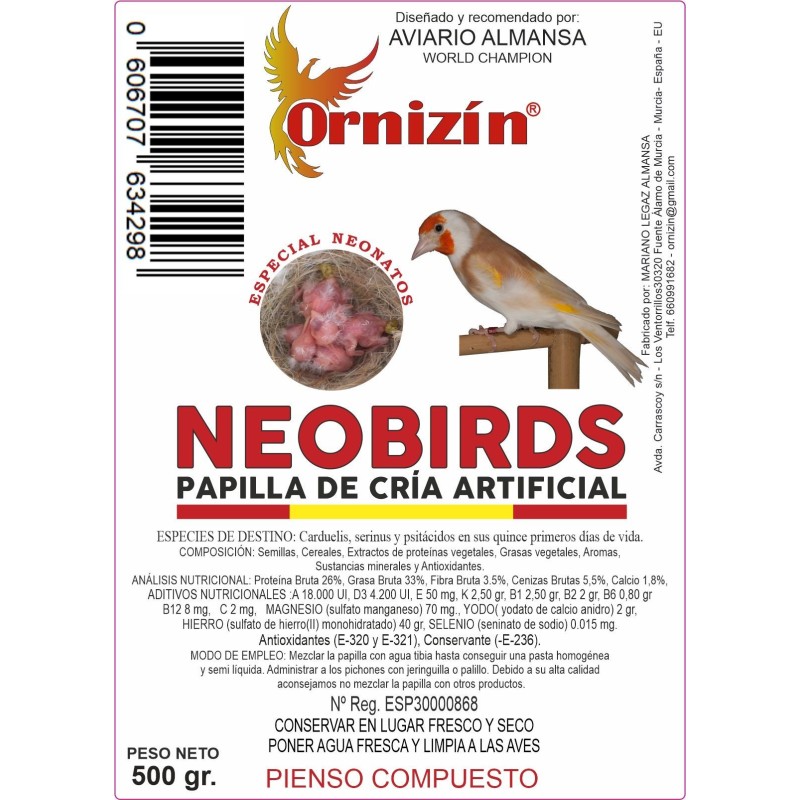 Papilla Neobirds para Cría Artificial 500 Gr Ornizín