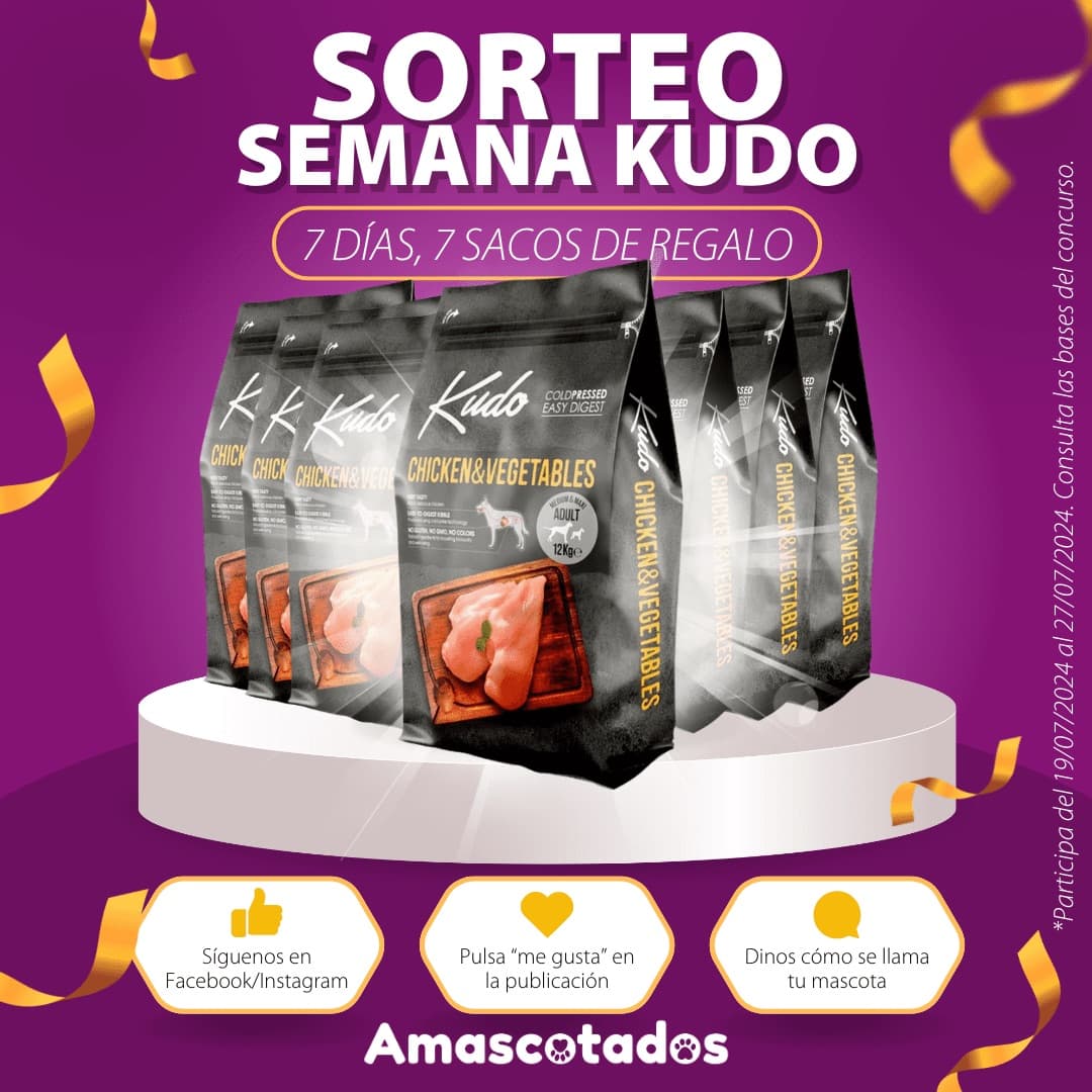 Sorteo semana Kudo 7 días, 7 sacos de regalo. Instrucciones: 1. Síguenos en Facebook/Instagram; 2. Pulsa 'me gusta' en la publicación; 3. Dinos cómo se llama tu mascota. Participa del 19/07/2024 al 27/07/2024. Consulta las bases del concurso debajo.